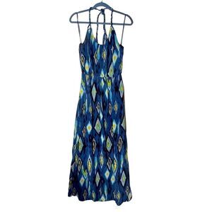 Max & Mia Ikat Print Maxi Dress Braided Straps Blue Chiffon M FLAW